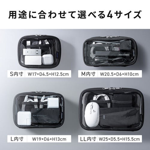S・M・L・LLの4サイズのガジェットポーチに充電器やケーブル、モバイルバッテリー、イヤホン、マウスを収納した例と各サイズの内寸