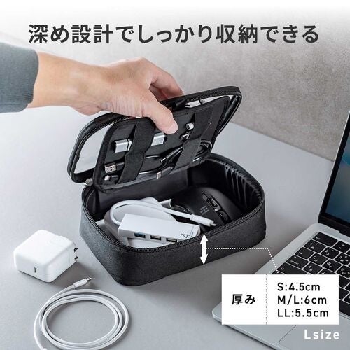 ガジェットポーチ Lサイズに USBハブやマウスを収納した様子と、各サイズの厚み S 4.5cm・M/L 6cm・LL 5.5cm