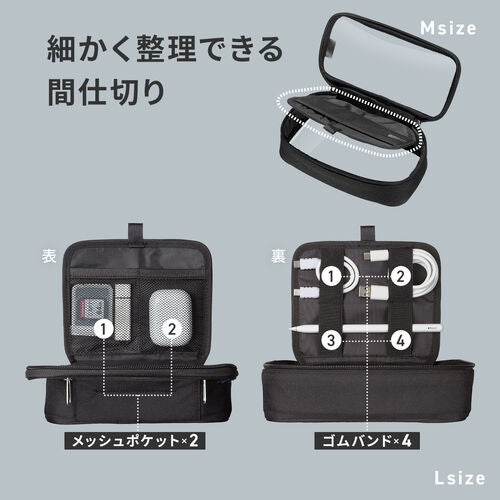 ガジェットポーチの間仕切り。表にメッシュポケット2つ、裏にケーブルを留めるゴムバンド4本