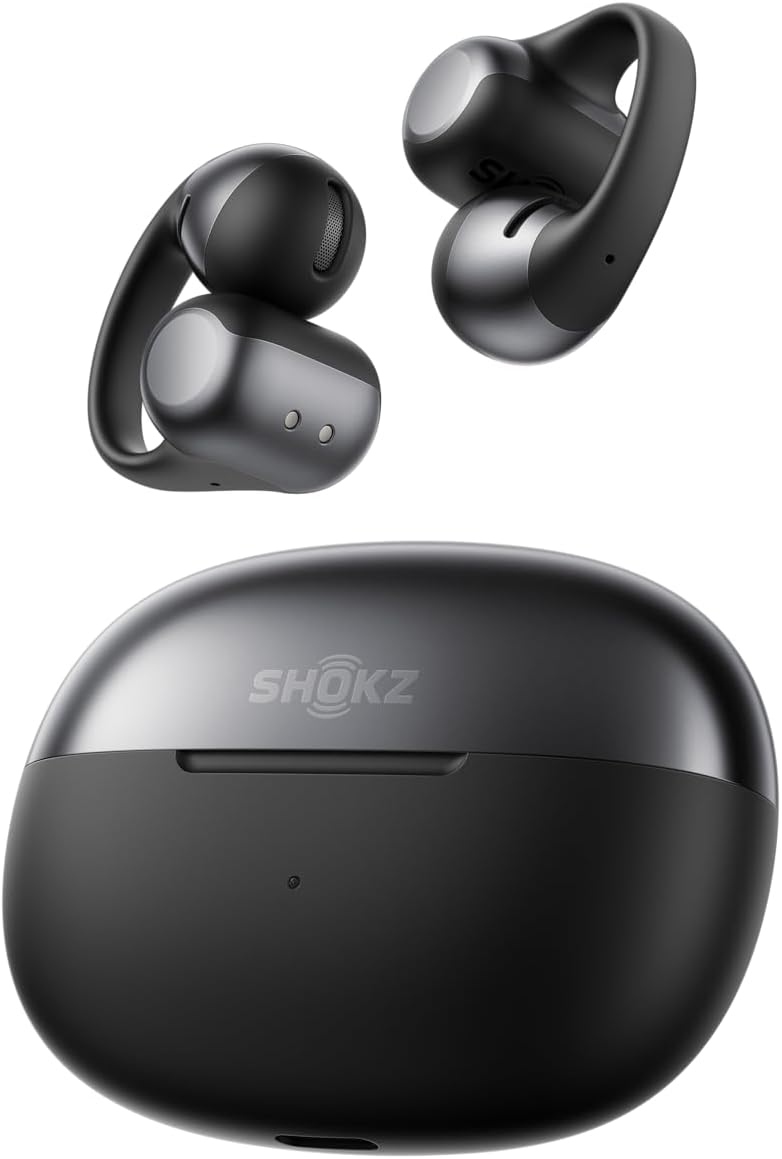 Shokz OpenDots ONEのブラック。イヤーカフ型のイヤホン本体2つと充電ケース
