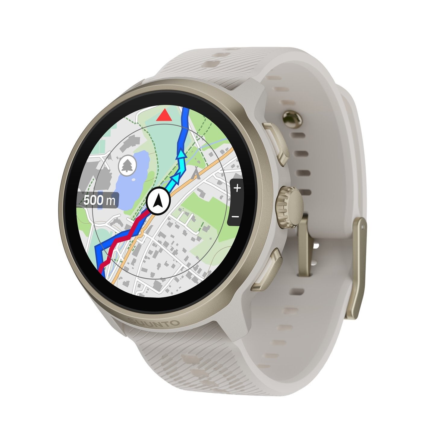 Suunto Run 2の画面に地図とルートが表示されている。縮尺は500mと表示されている