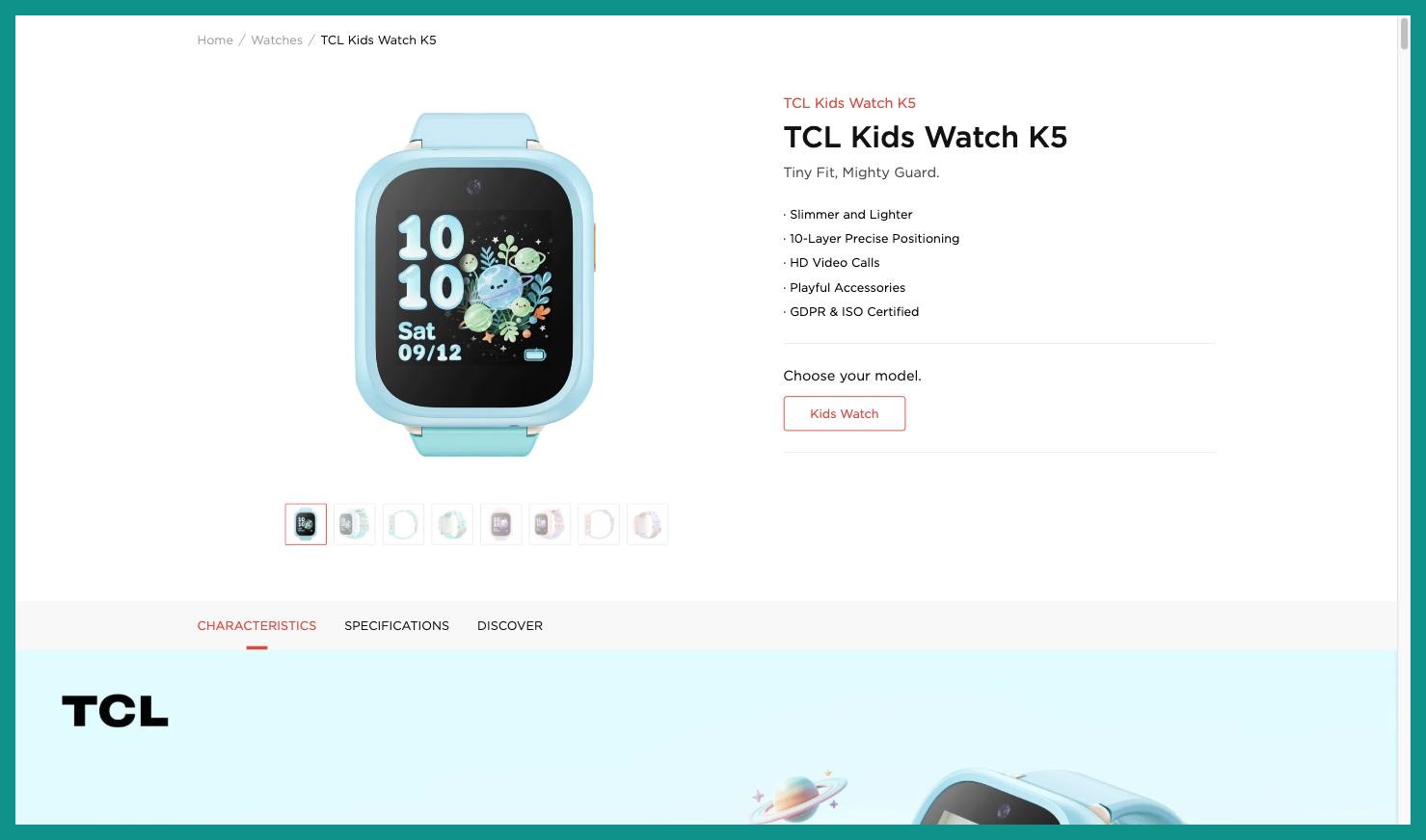 TCL公式サイトのKids Watch K5製品ページ上部