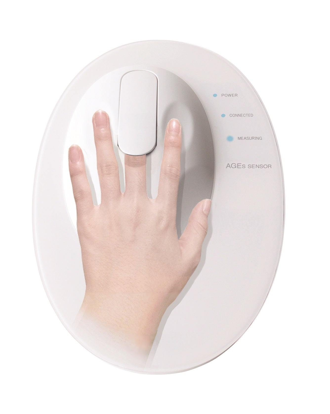 糖化度(AGEs)を測る専用機器に指先を当てている様子
