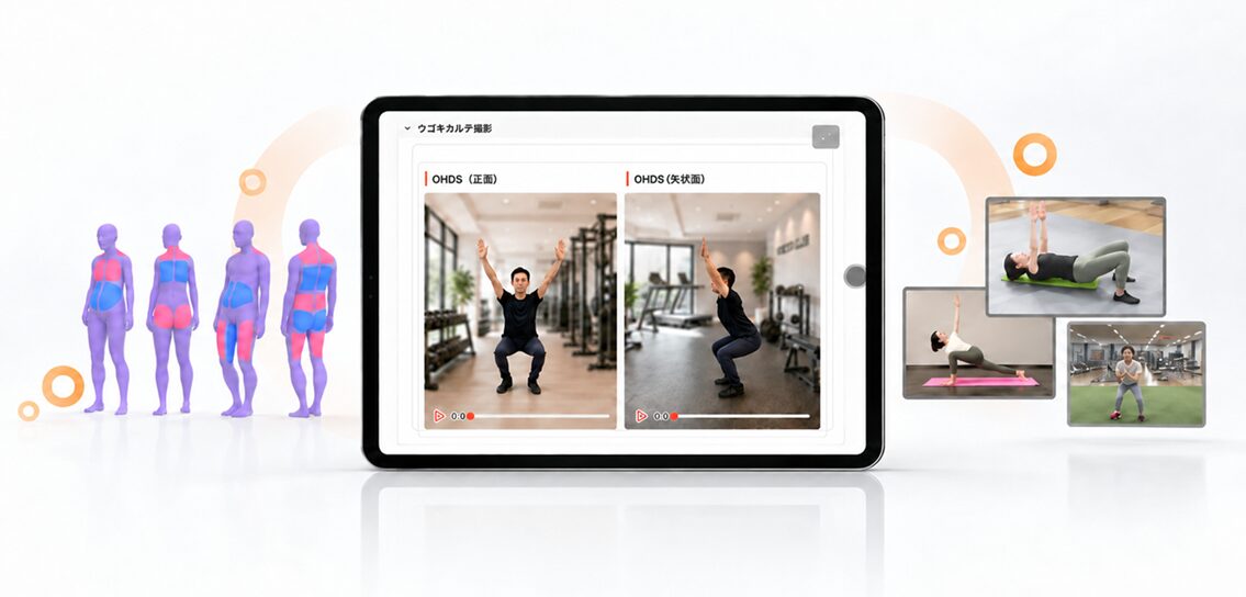 ティップネスの新測定プログラム「ウゴキカルテ」のイメージ。タブレットでしゃがむ動作を撮影し、ボディタイプ分類や運動メニューの提案につなげる様子