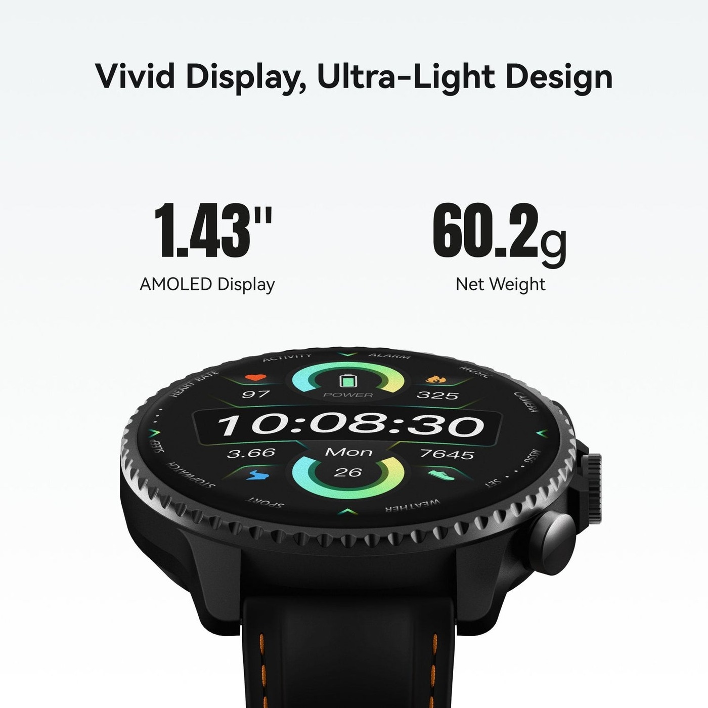 TicNote Watchを斜めから写し、1.43インチAMOLEDディスプレイと60.2gという重さが記載されている