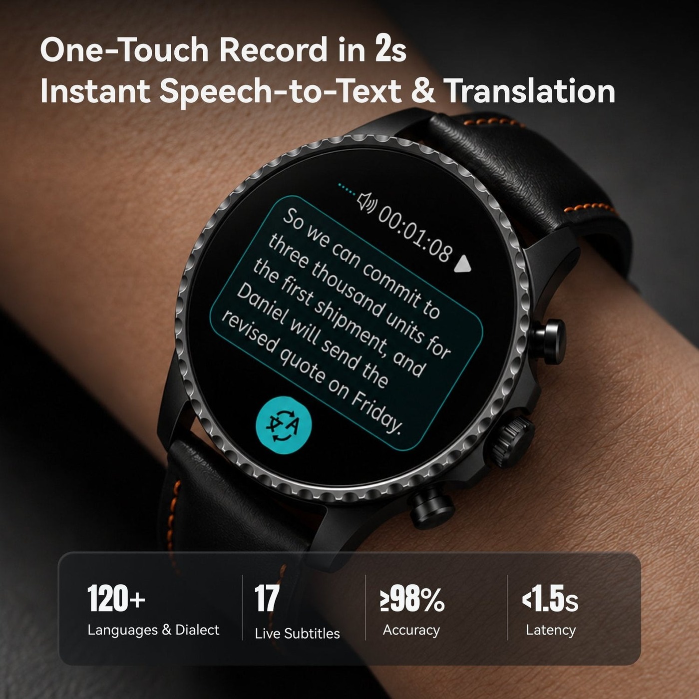 TicNote Watchの画面に英語の会話がリアルタイムで文字起こしされ、120以上の言語と17言語のライブ字幕に対応すると記載されている