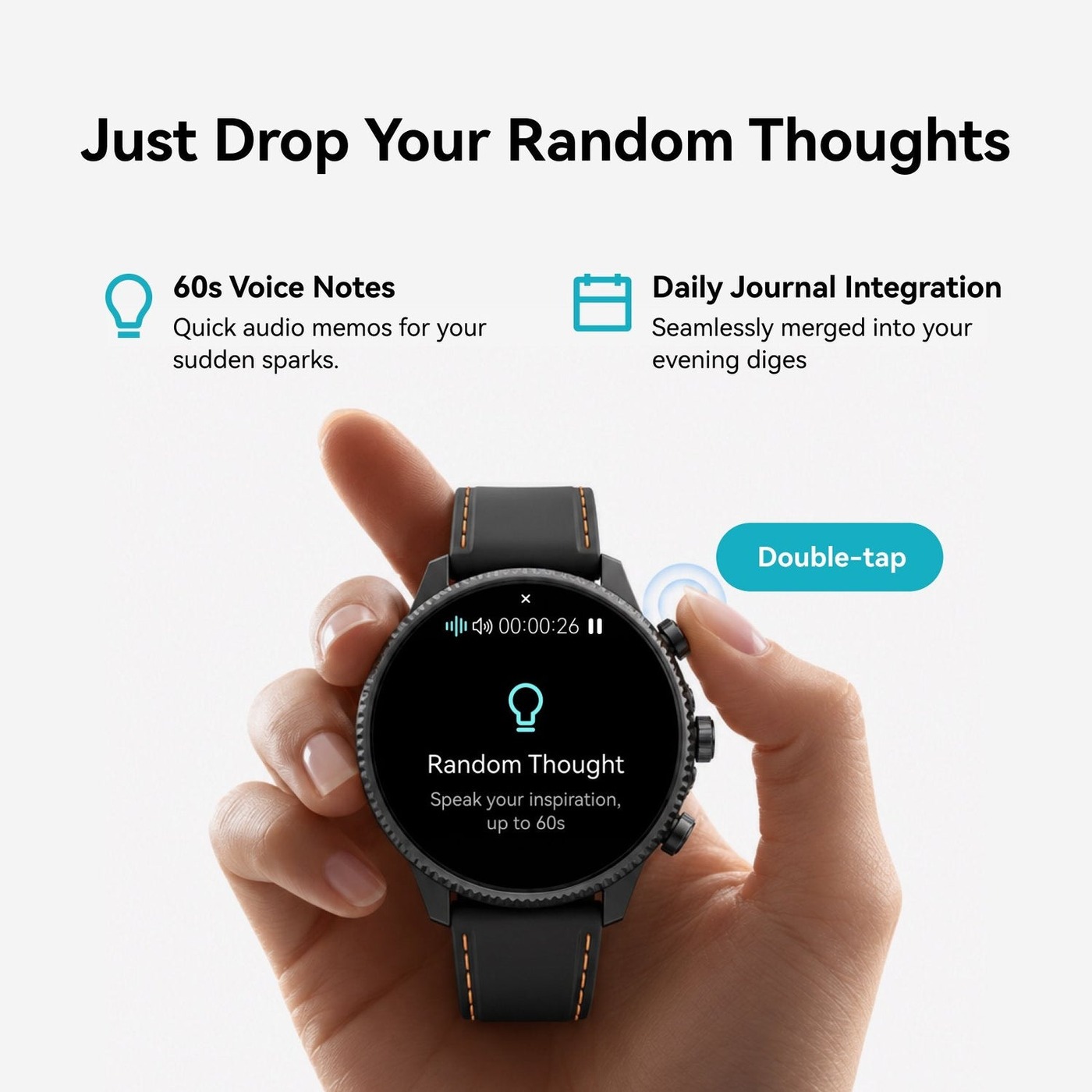 TicNote Watchをダブルタップして最大60秒のボイスメモを録音している様子