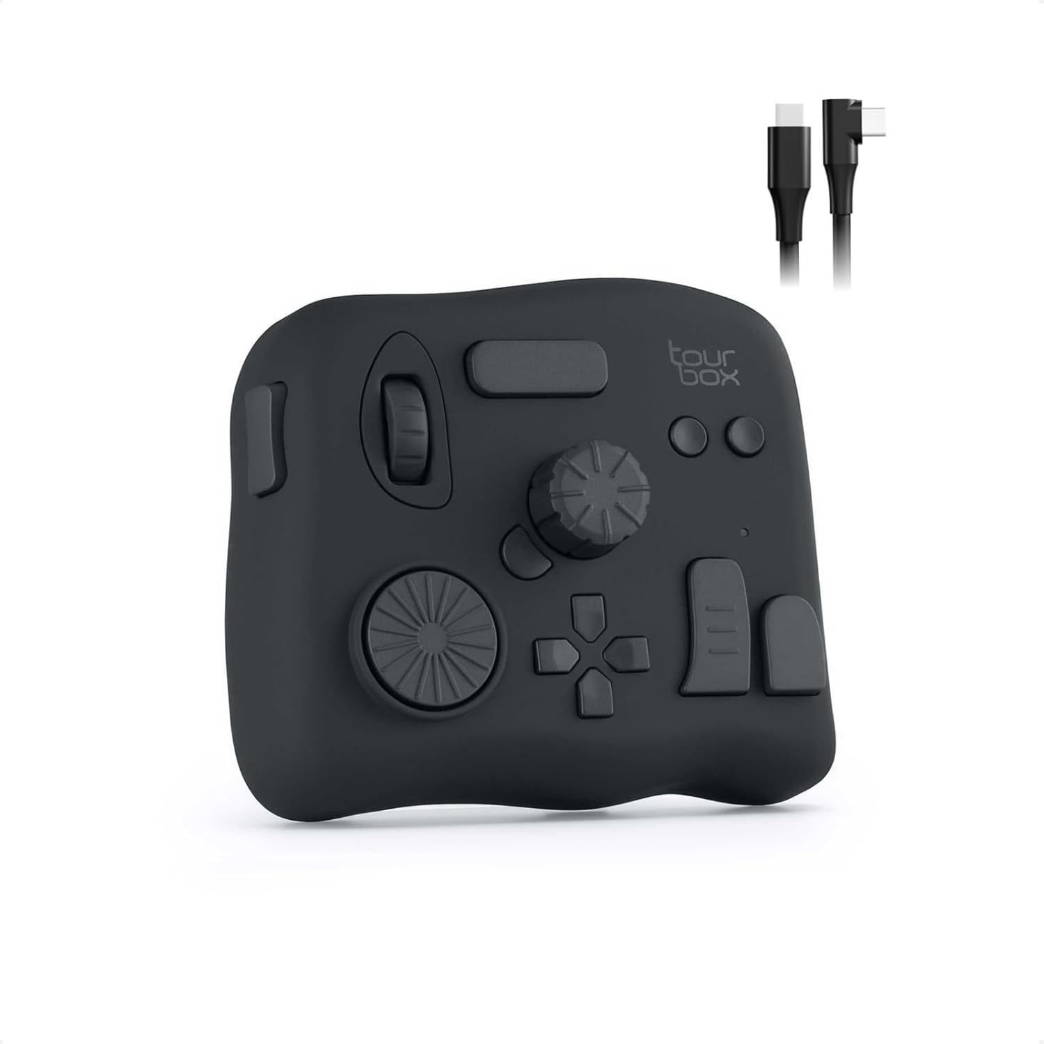 TourBox NEOの本体。ダイヤル・ノブ・スクロール・十字キーが並ぶ黒い左手デバイスと、接続ケーブル