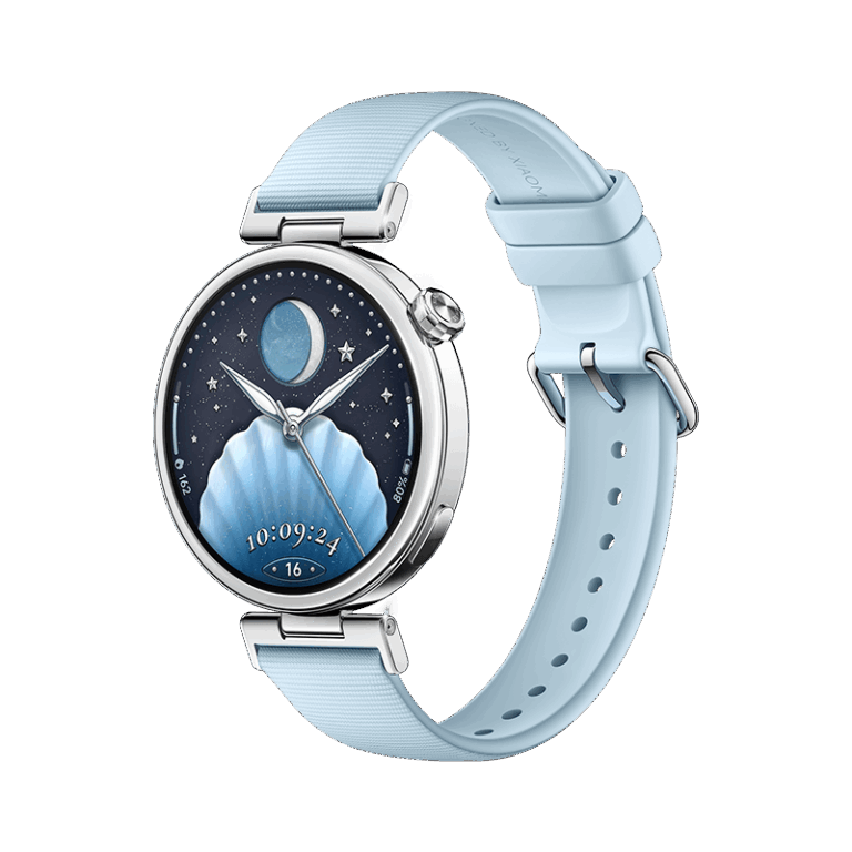 Xiaomi Watch S5 41mmのシーソルトブルー。シルバーの丸型ケースに水色のストラップを組み合わせた本体写真