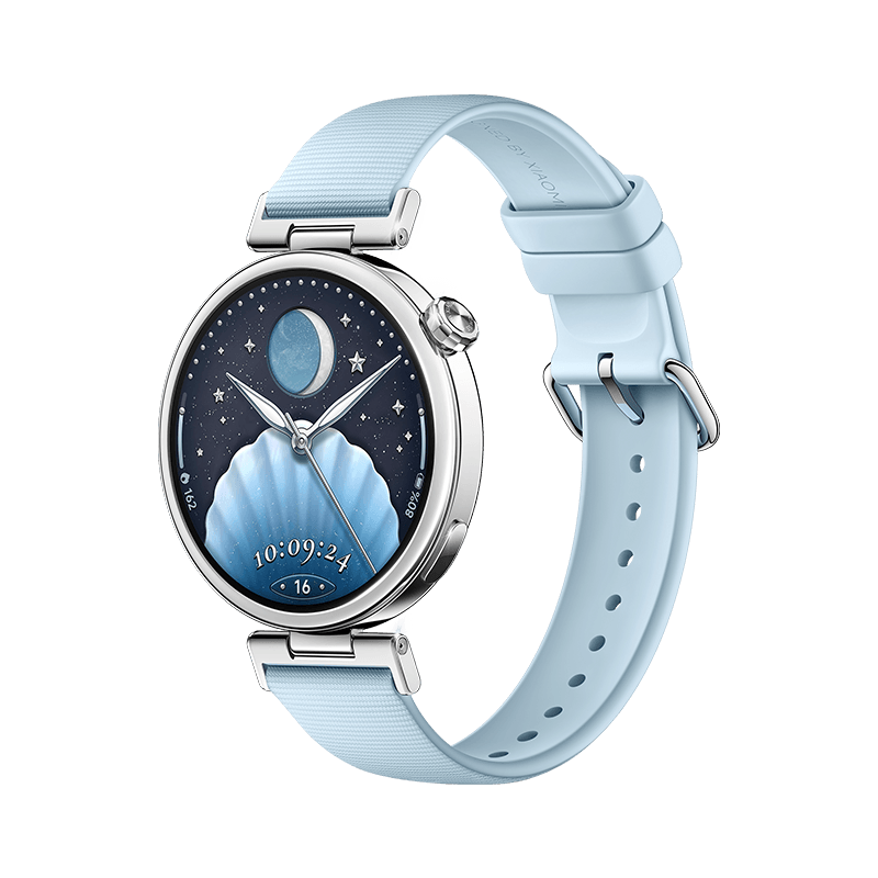 Xiaomi Watch S5 41mmのシーソルトブルー。シルバーの丸型ケースに水色のストラップを組み合わせた本体写真