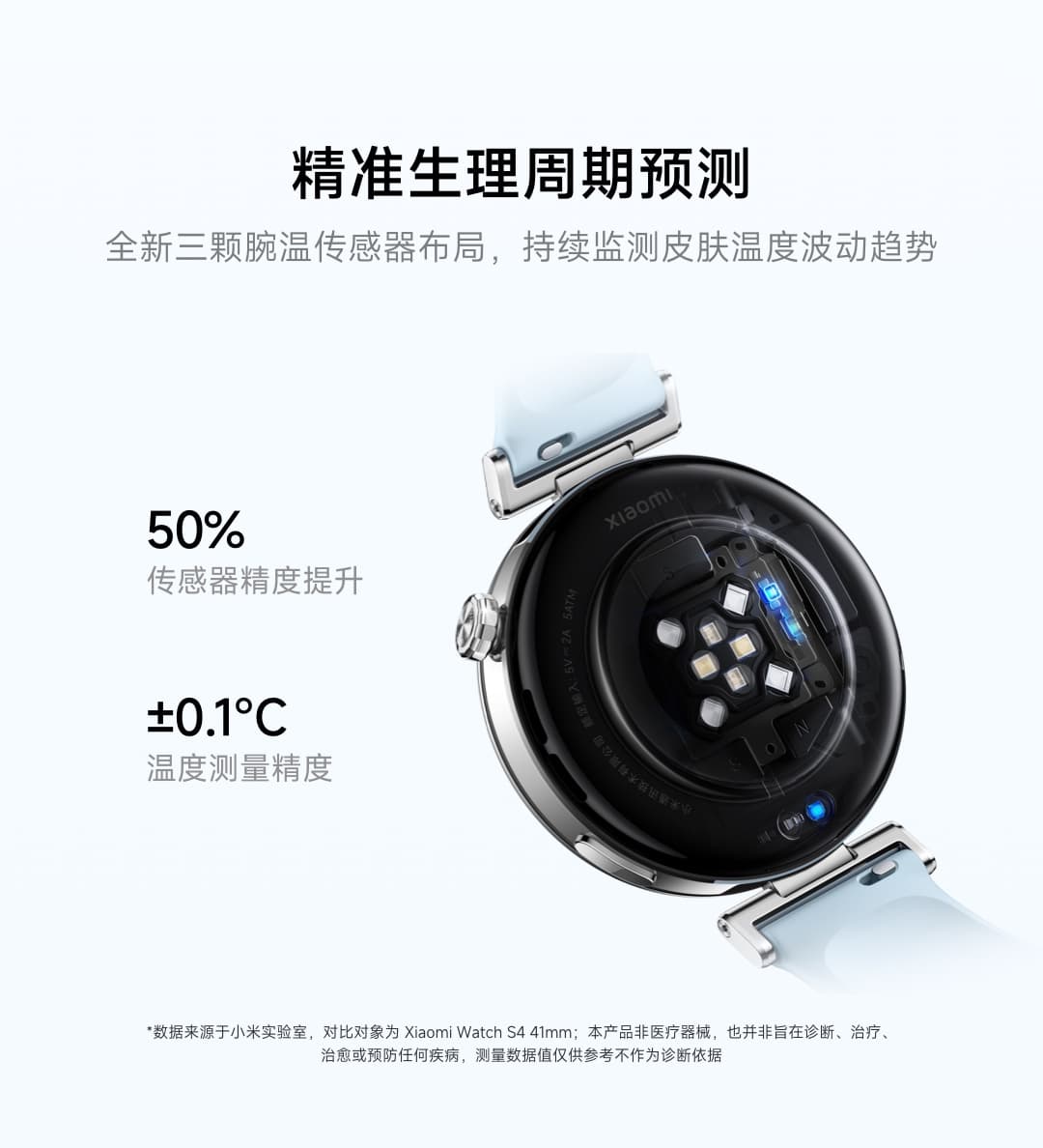 Xiaomi Watch S5 41mmの裏蓋を写した公式画像。腕温センサーを3つ配置し、センサー精度50%向上、温度測定精度±0.1℃と書かれている