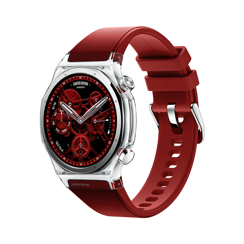 Xiaomi Watch S5の透明版。透明のアウターケースに赤いシリコンストラップと赤い歯車のスケルトン文字盤を組み合わせた限定モデル