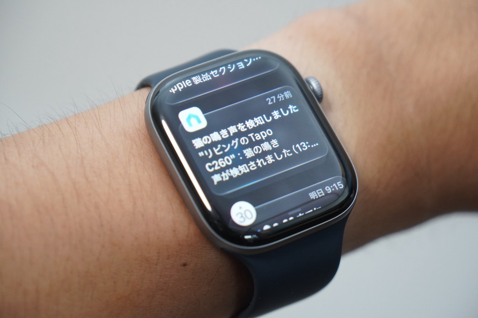腕に着けたApple Watch Series 12に届いた通知。見守りカメラが猫の鳴き声を検知したと表示されている