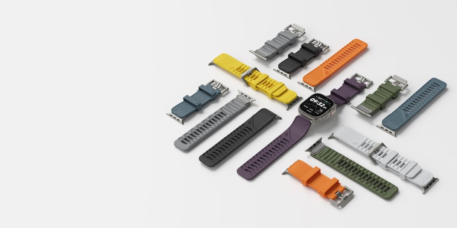 AULUMU C05 FKMウォッチバンドの全8色を並べた俯瞰カット。中央にApple Watch Ultraが置かれている