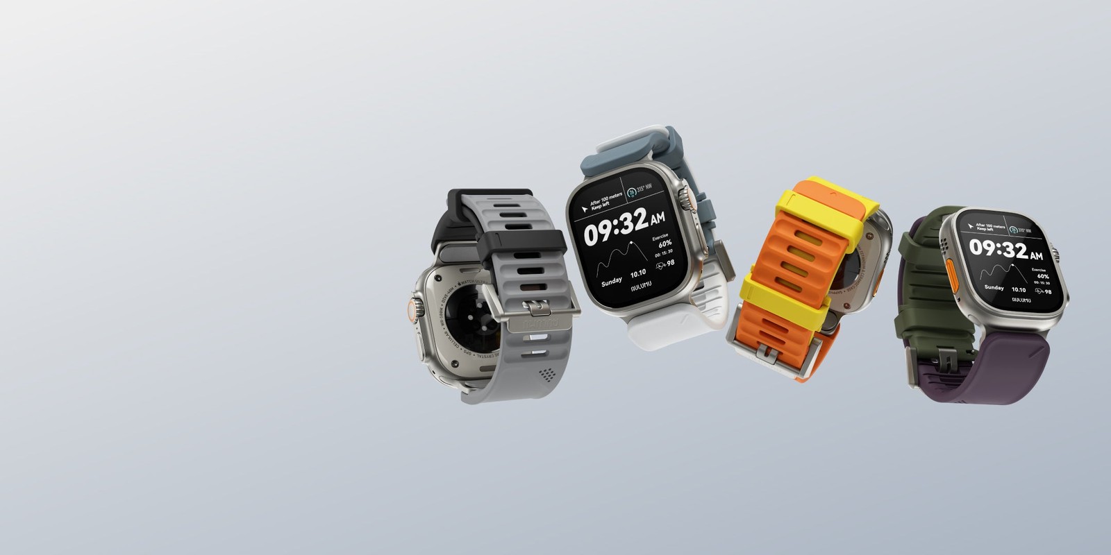 AULUMU C05を装着したApple Watch Ultraが4本。グレー、ブルー、オレンジとイエロー、グリーンとパープルの配色