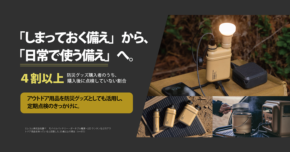 「しまっておく備え」から「日常で使う備え」へ と書かれたエレコムの調査キービジュアル。モバイルバッテリー LEDランタン ポータブル電源の写真が並ぶ
