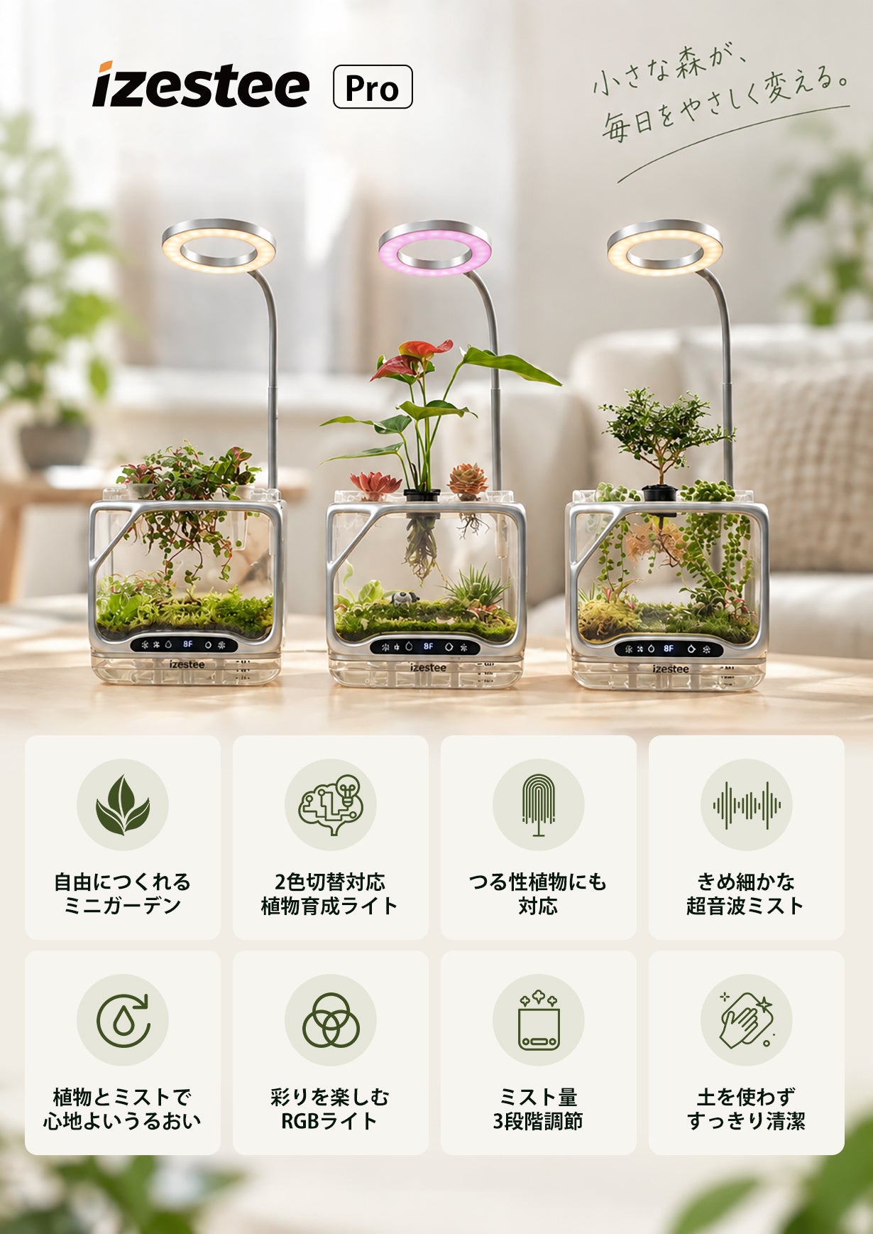 izestee Proの3台と、ミニガーデン・2色切替の植物育成ライト・つる性植物への対応・超音波ミストなどの特徴を示すアイコン