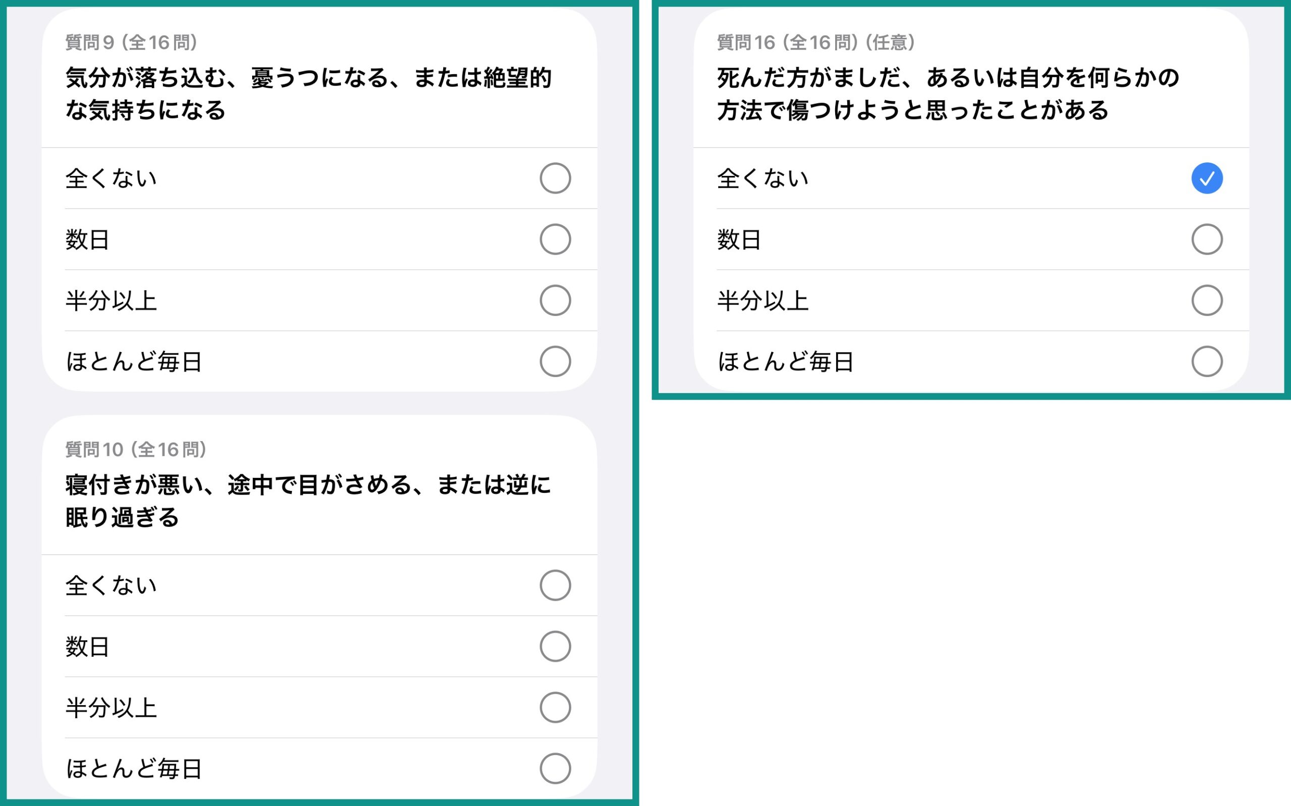 質問9・10と質問16(任意)の画面
