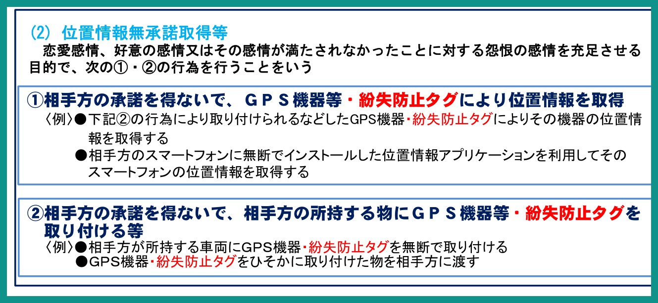 ストーカー規制法の規制対象行為のうち位置情報無承諾取得等の2類型を示した警察庁の資料。今回の改正で追加された紛失防止タグが赤字で示されている