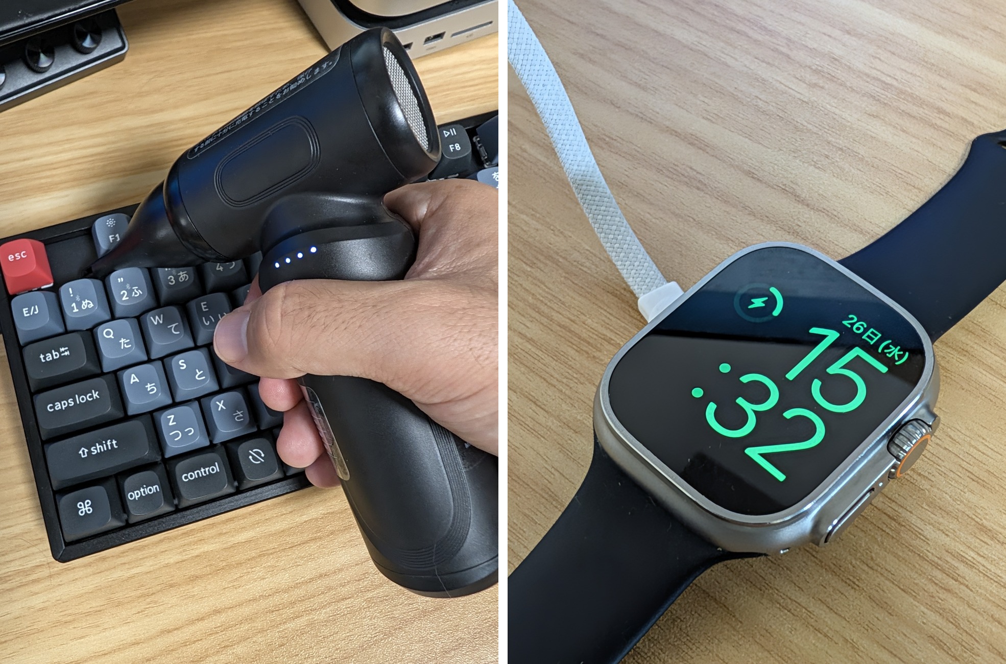 手持ちのブロワーをキーボードに当てているところと、腕時計を充電ケーブルにつないだところ。どちらも机の上で手持ちのまま撮影し、ファイル名にMACRO_FOCUSが付いていた