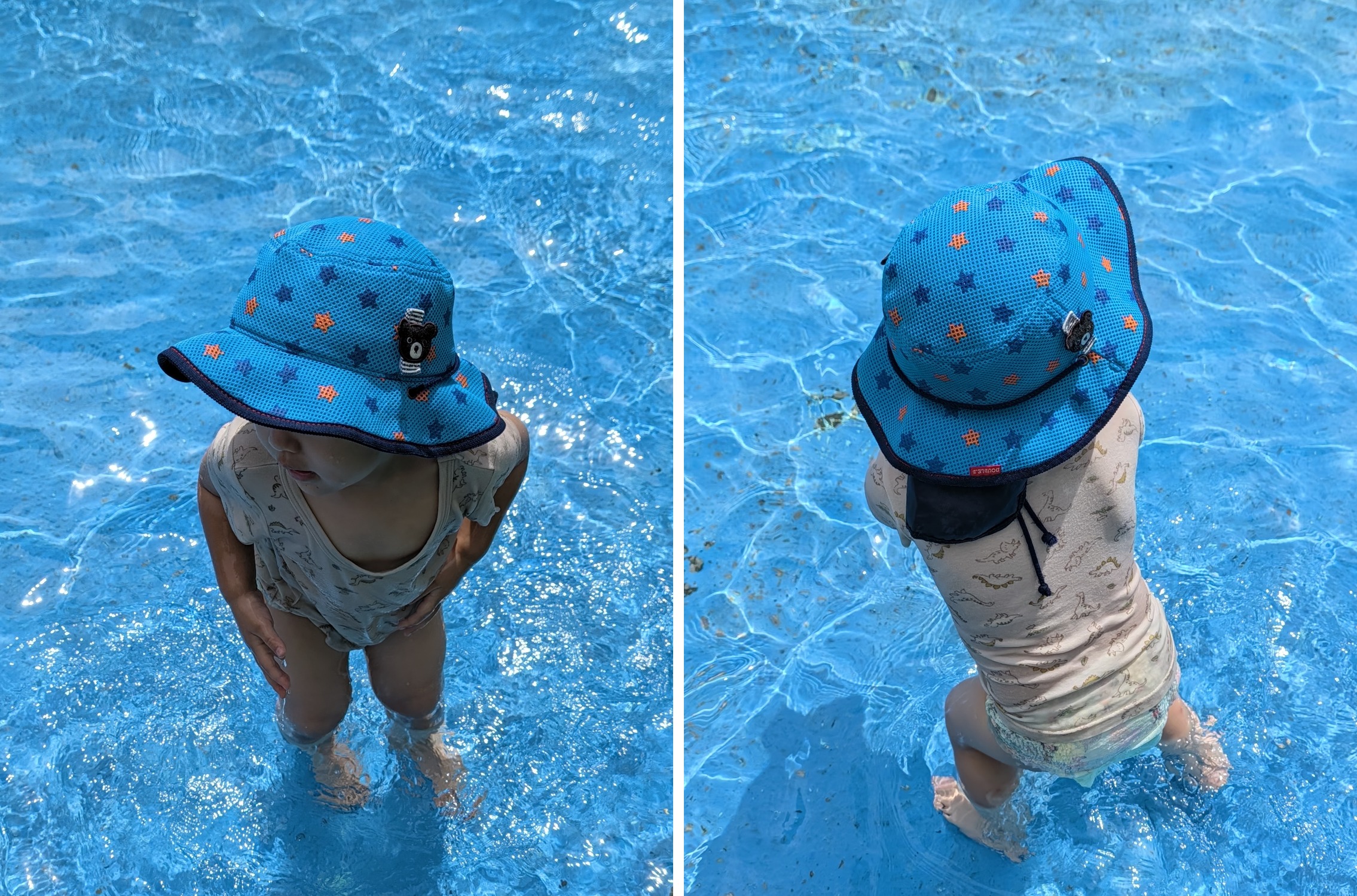 マジックキャプチャーで動画から切り出された2枚。プールで水をかく子どもの動きが止まって写っている