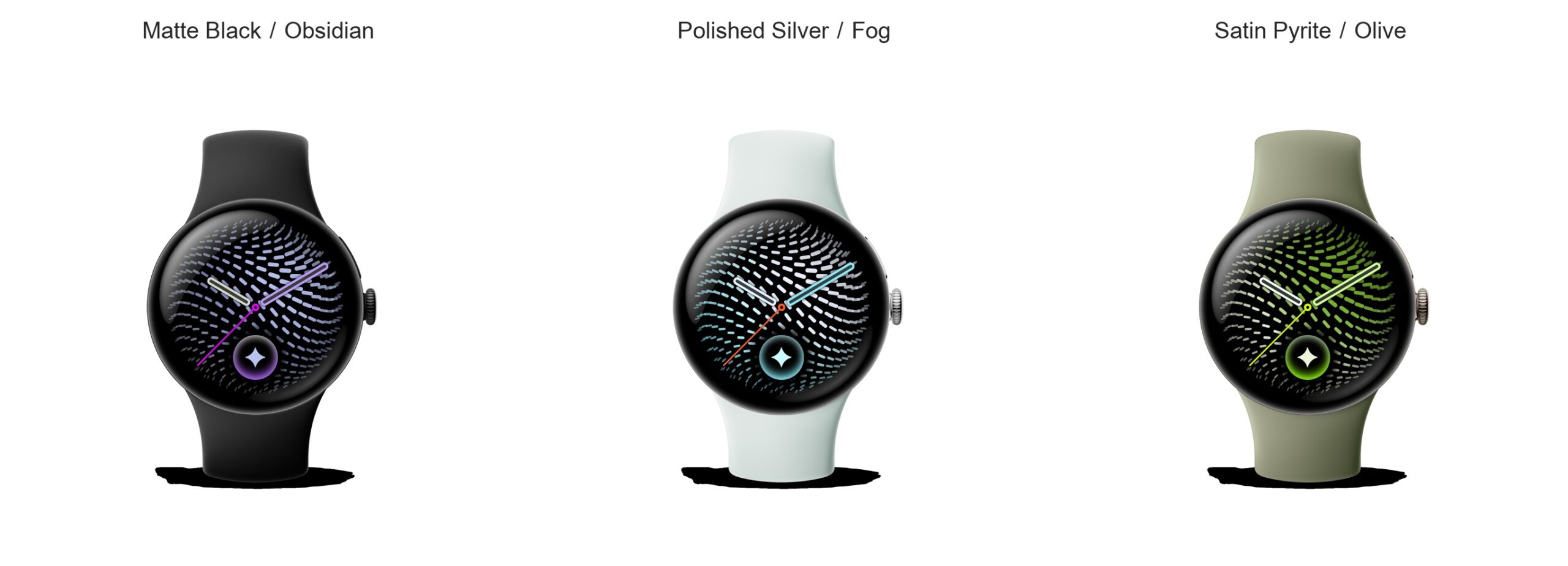Google Pixel Watch 5（45mm）の3色。Matte Blackケースとオブシディアンのバンド、Polished SilverケースとFogのバンド、Satin PyriteケースとOliveのバンドが並んでいる