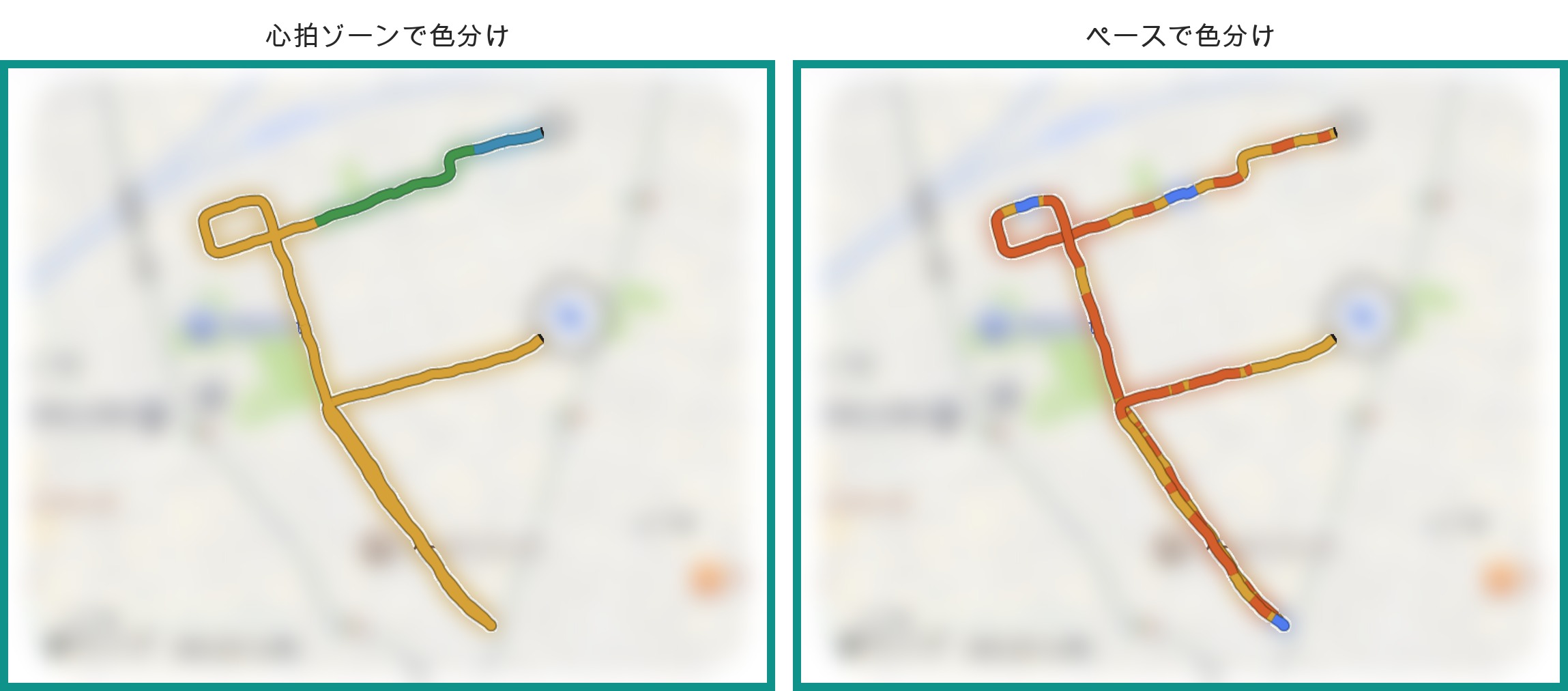 Pixel Watch 5のGPSで記録した走行軌跡。左は心拍ゾーンで色分けされ、右はペースで色分けされている