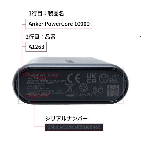 Anker PowerCore 10000の側面に印字された製品名・品番A1263・シリアルナンバーの位置を示した図
