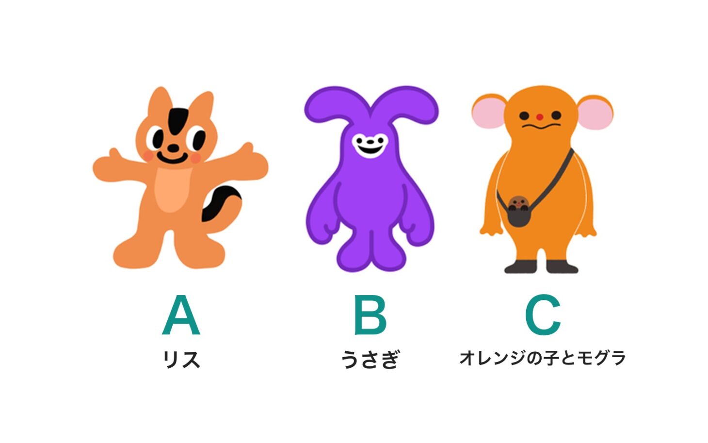 Suicaの新しいイメージキャラクターの原案候補3案を並べた画像。左からA案のリス、B案の紫のうさぎ、C案のポシェットにモグラを入れたオレンジの子