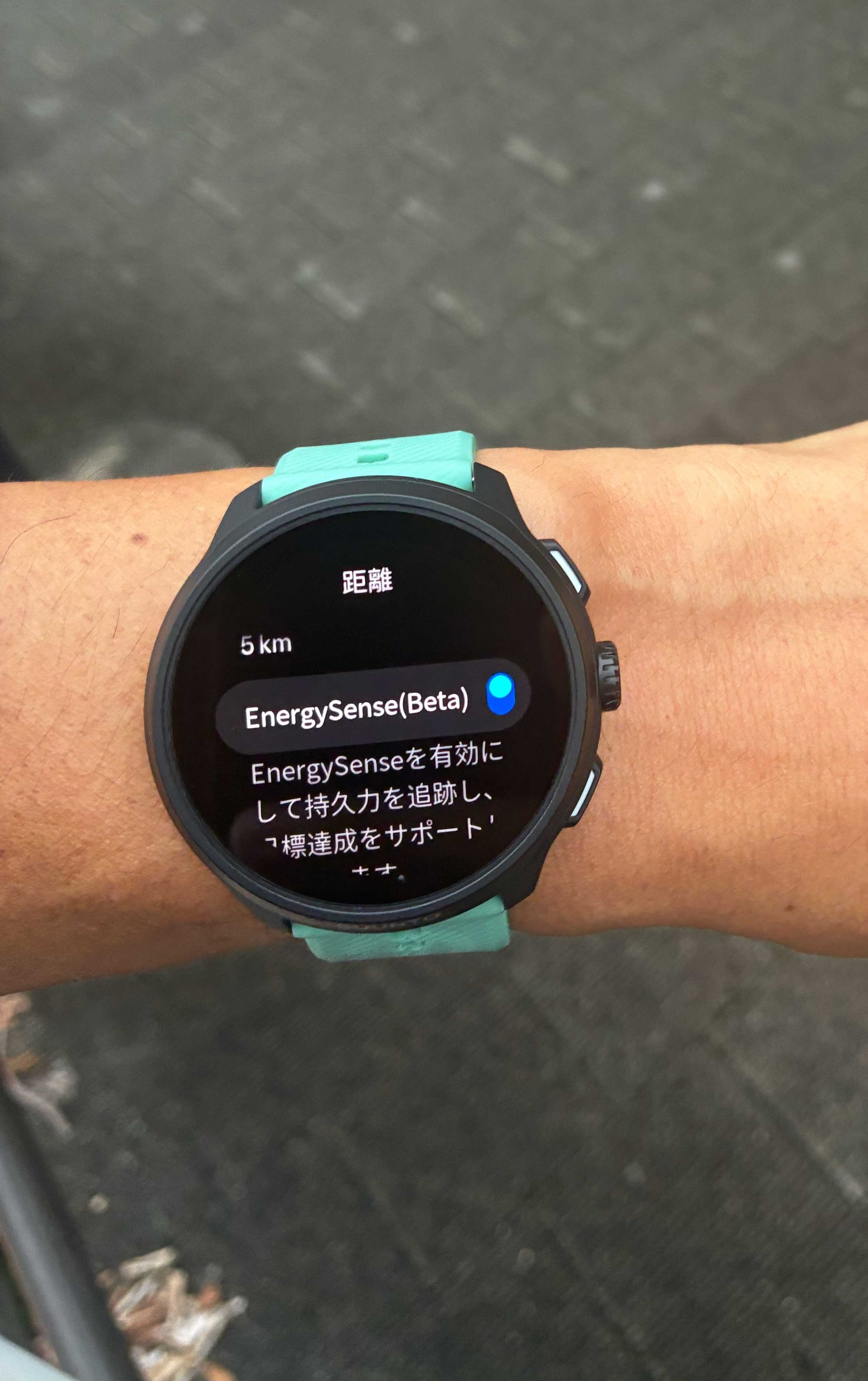 Suunto Run 2の設定画面。距離5kmの下にEnergySense(Beta)のスイッチがあり、オンになっている