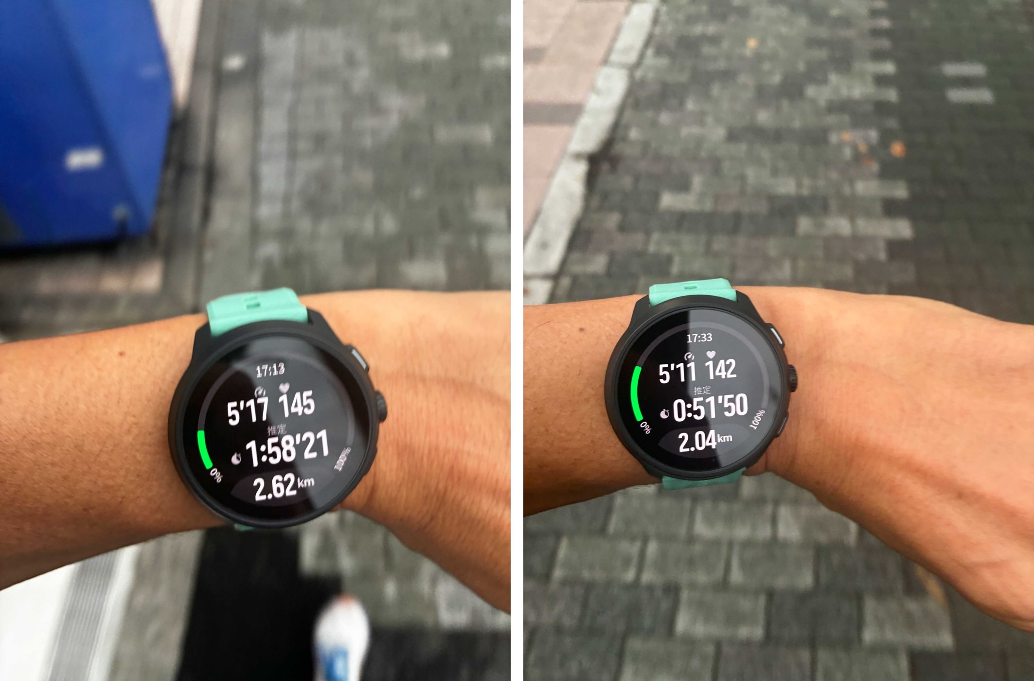 走行中のSuunto Run 2の画面を2枚並べた写真。左はハーフマラソン設定で推定1時間58分21秒、右は10km設定で推定51分50秒と表示されている