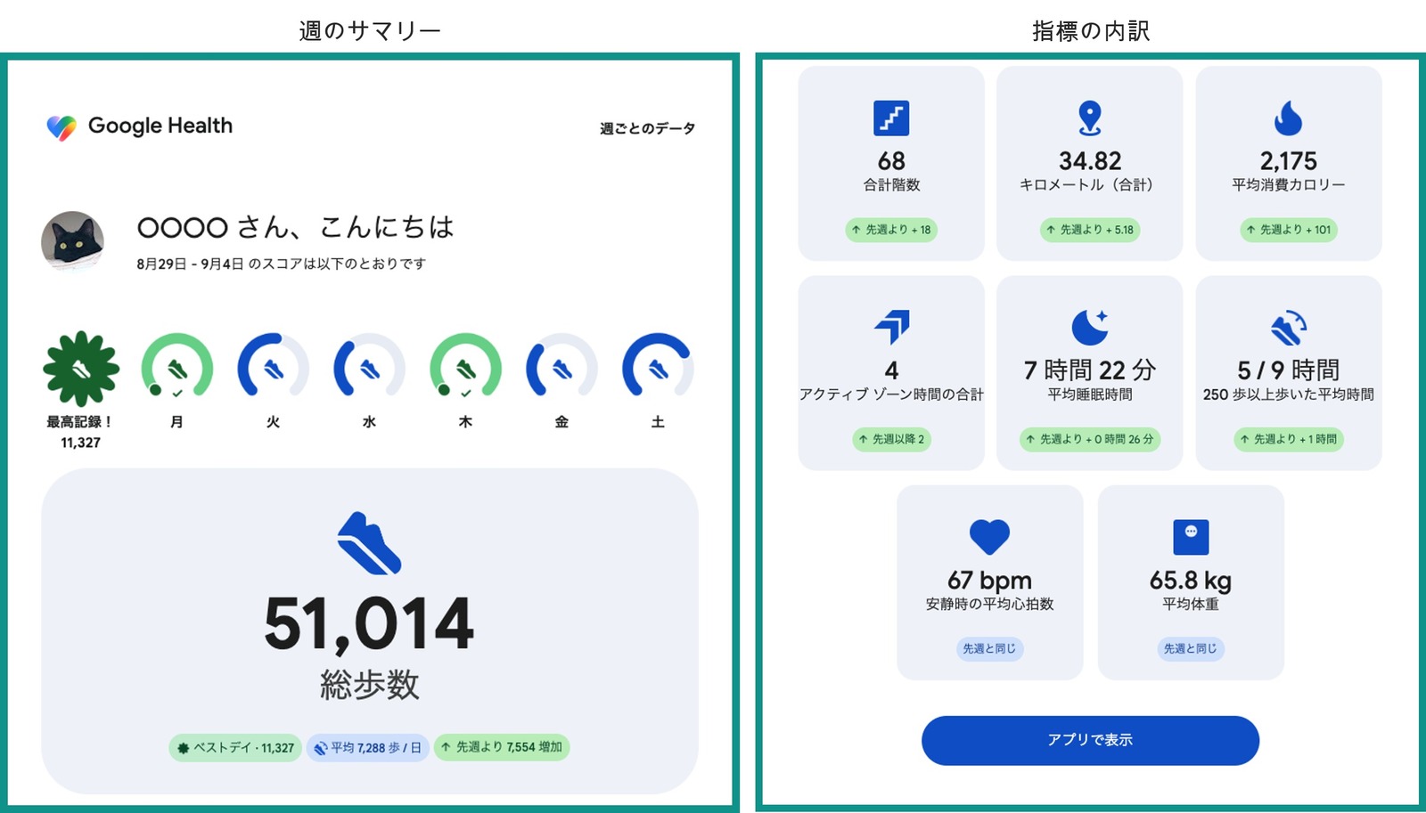 Google Healthから届く週ごとのメール（8月29日から9月4日分）。総歩数51,014、平均睡眠7時間22分
