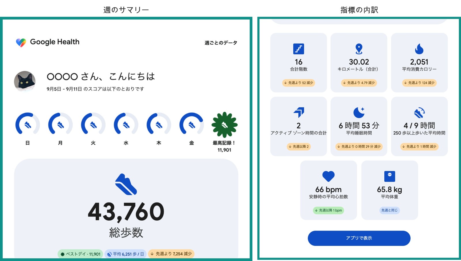 Google Healthから届く週ごとのメール（9月5日から9月11日分）。総歩数43,760、平均睡眠6時間53分