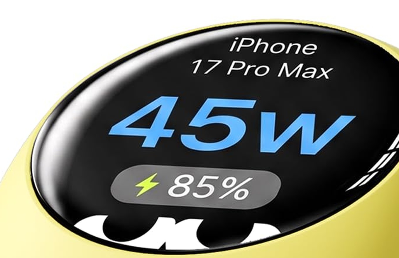 FlashEye Dotの画面拡大。iPhone 17 Pro Max、45W、充電マークと85%の表示