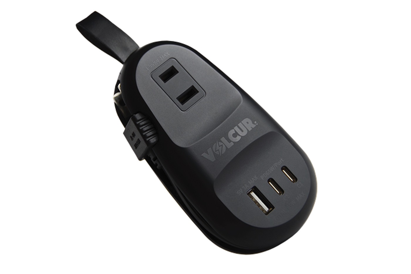 VOLCUR M-TAP65のブラック。AC差込口1つとUSB-C2ポート、USB-A1ポートを備えた楕円形の電源タップ