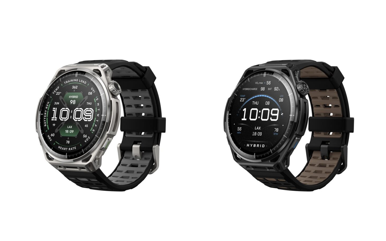 Amazfit Balance 3のステンレススチール(左)とチタンブラック(右)