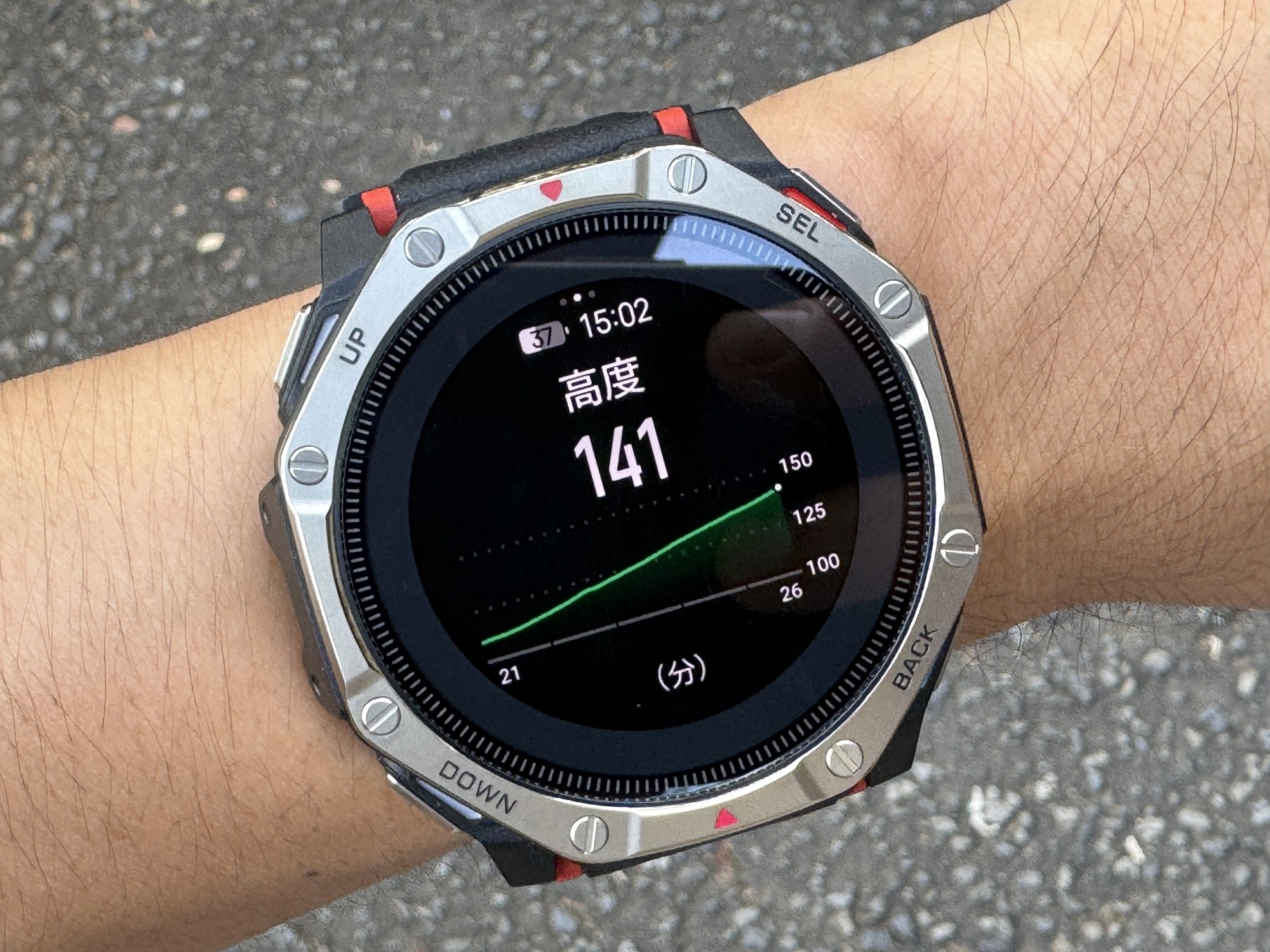 ハイキング中のT-Rex Dual Solarの高度グラフ画面。15時2分に141mと表示され、右肩上がりの線が出ている