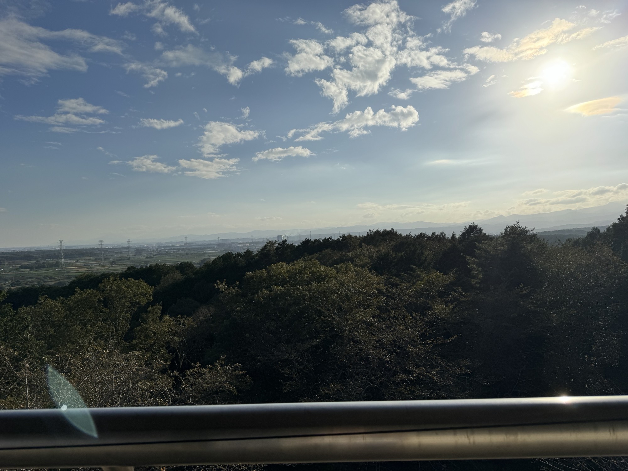 桜山展望台の上から見た景色。森の向こうに街と山並みが広がっている