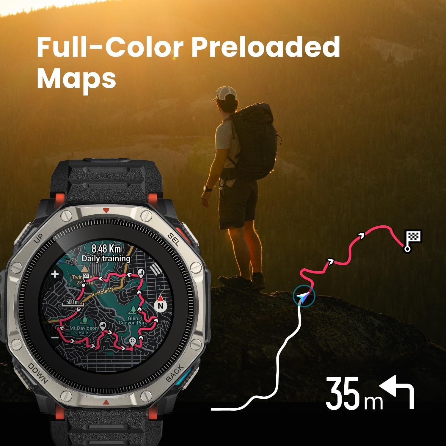 Amazfit T-Rex Dual Solarの画面に表示されたフルカラーの地図とルート