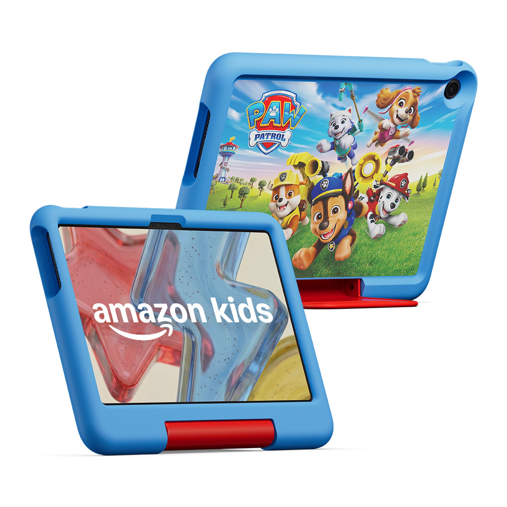 パウ・パトロールのデザインのカバーを付けたAmazon キッズ タブレット(3歳以上対象)の表と裏