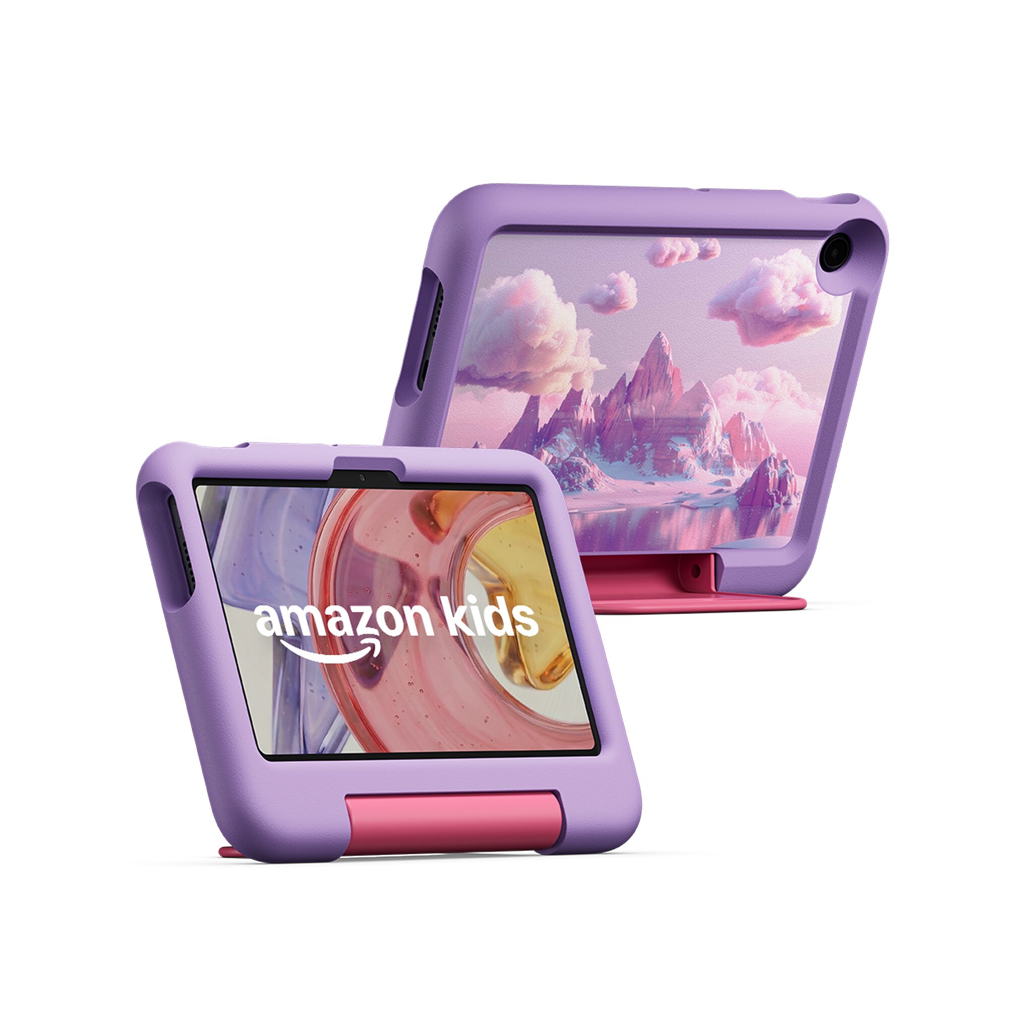 紫色の山のデザインのカバーを付けたAmazon キッズ タブレット 8 マウンテン(3歳以上対象)