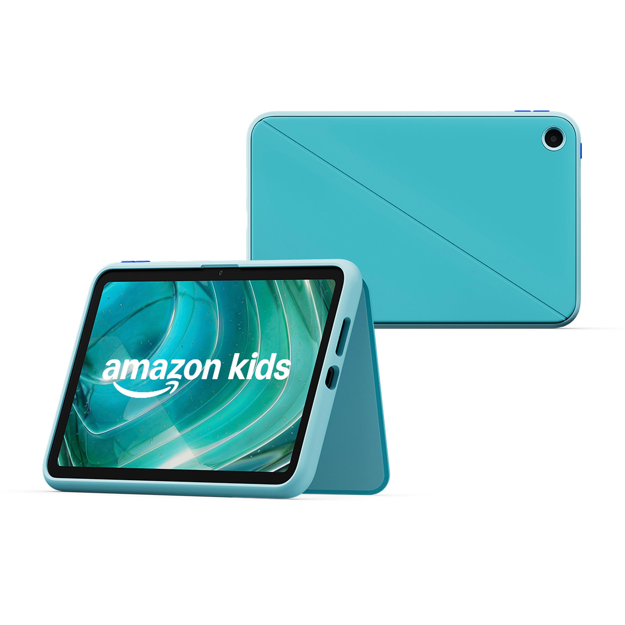ターコイズブルーのカバーを付けたAmazon キッズ タブレット(6歳以上対象)。カバーをスタンドにして立てている