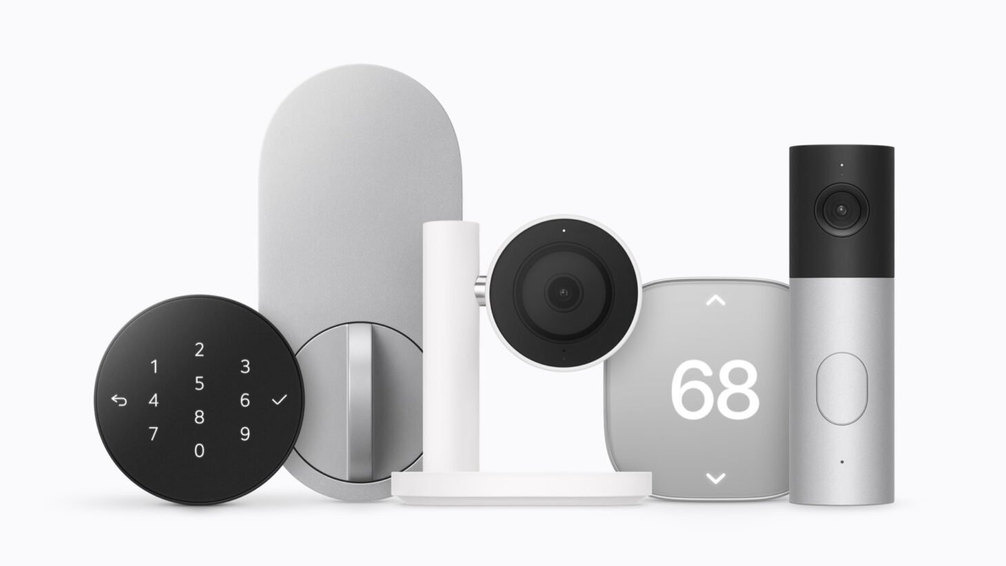 Apple Home Collectionのラインナップ。LGのカメラ、ビデオドアベル、スマートロック、サーモスタット、Schneider Electricのサーモスタットなどが並んでいる