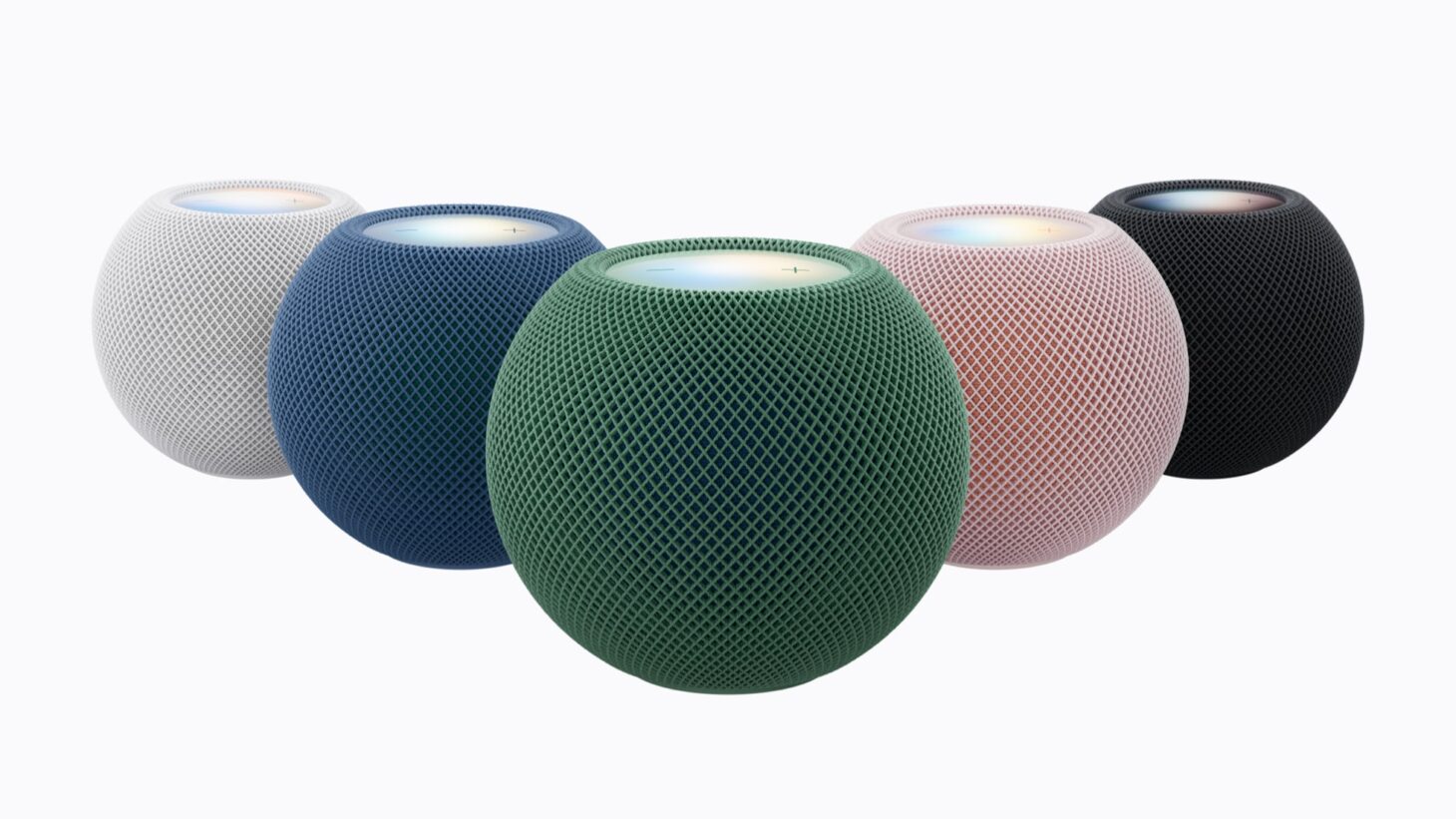 HomePod mini 2の5色。ホワイト、ブルー、グリーン、ピンク、ミッドナイトが並んでいる