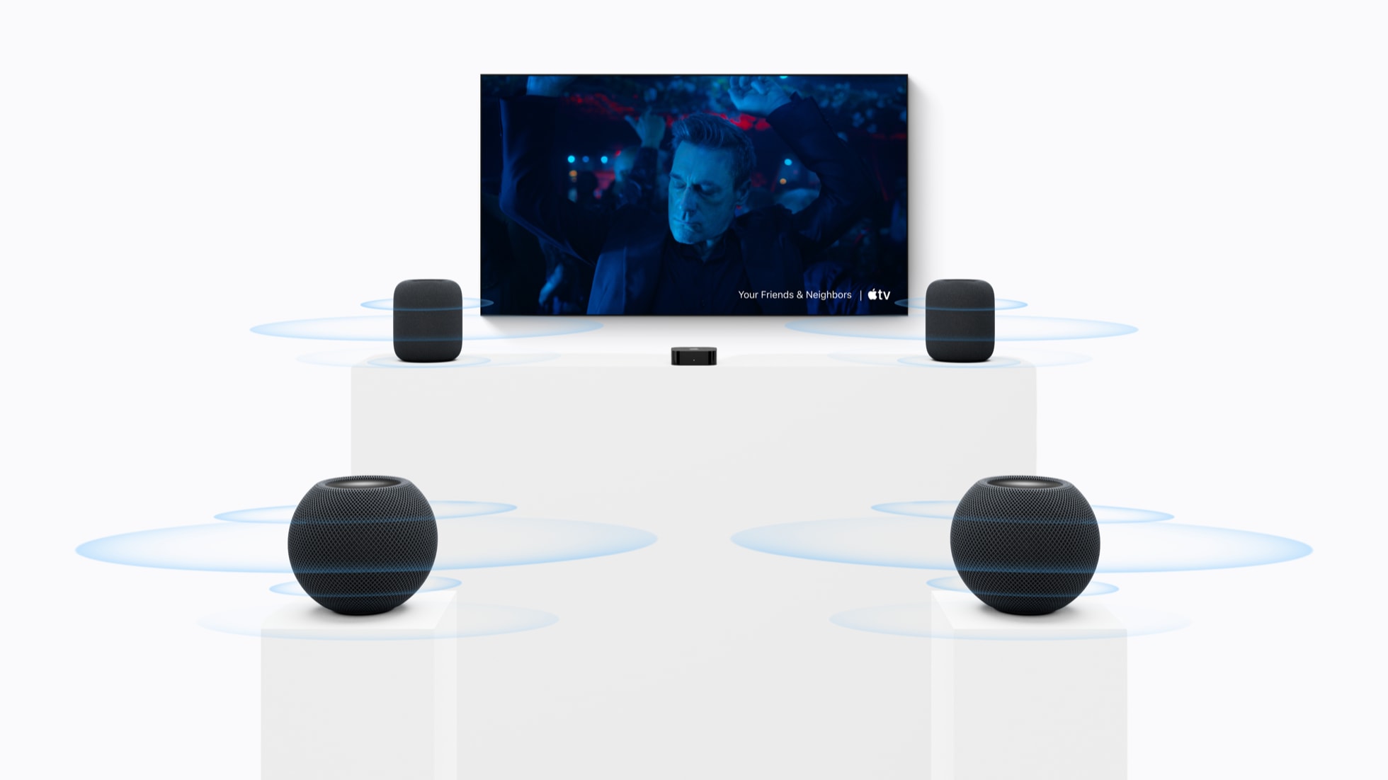 テレビの前後にミッドナイトのHomePod mini 2を4台置き、Apple TV 4K(第4世代)とつないだ4スピーカーサラウンドの構成