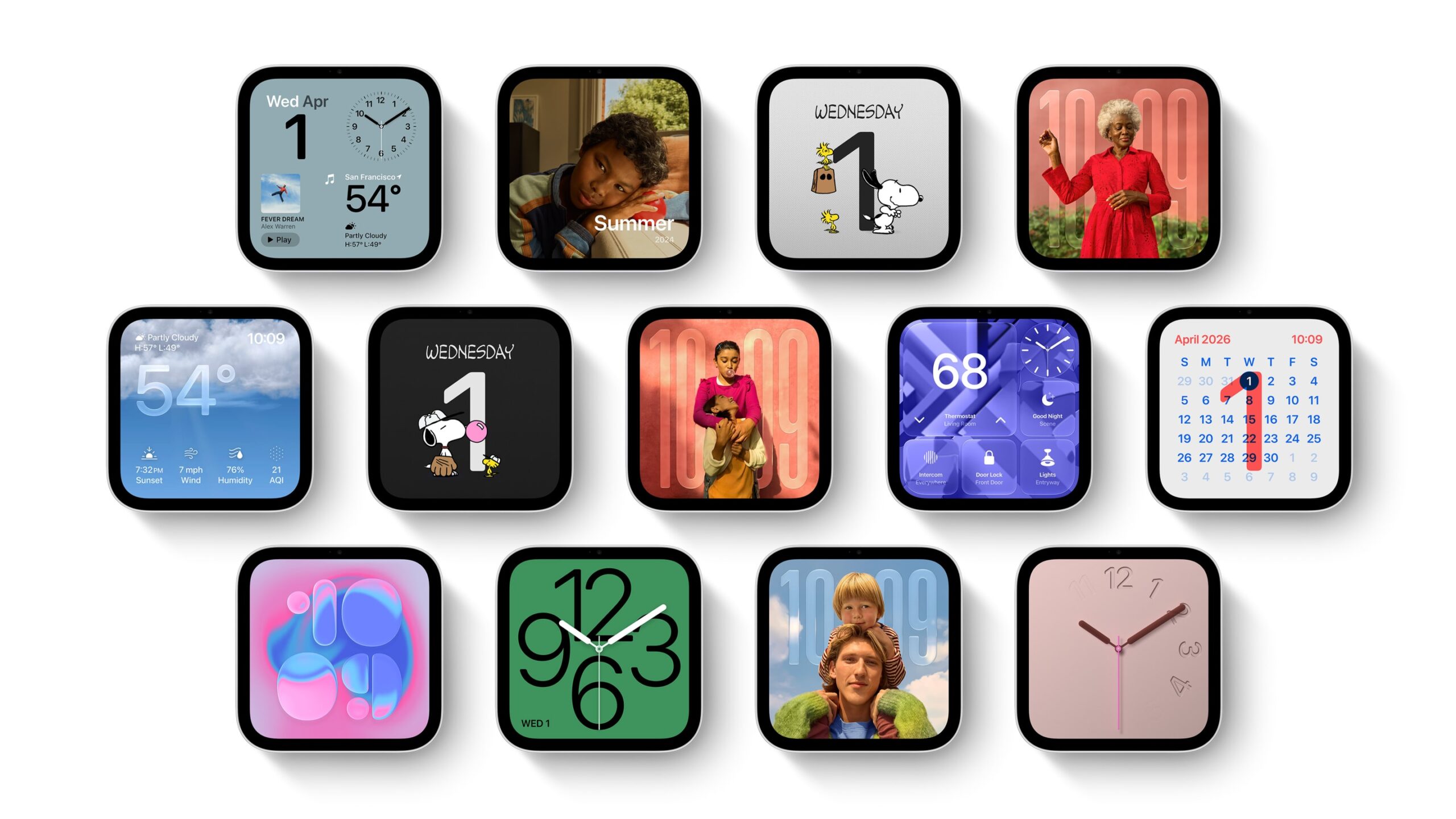 写真やスヌーピーなど、Apple HomeViewで選べる文字盤を並べた画像