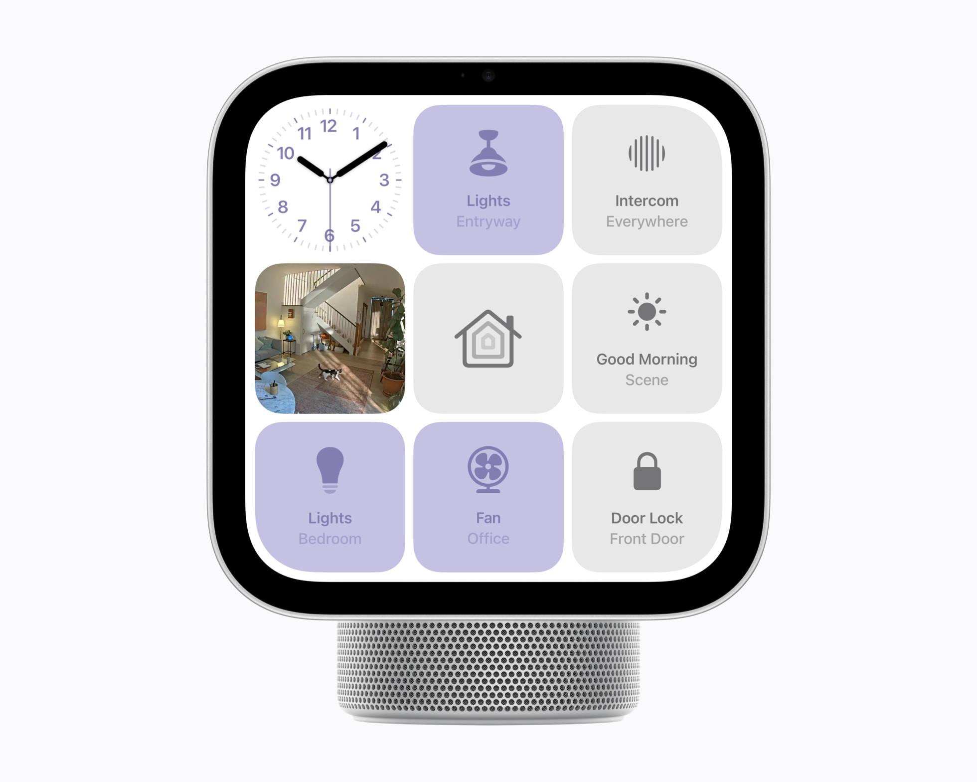 Apple HomeViewの画面に、照明・扇風機・ドアロックなどのスマートホーム機器のボタンが並んでいる様子