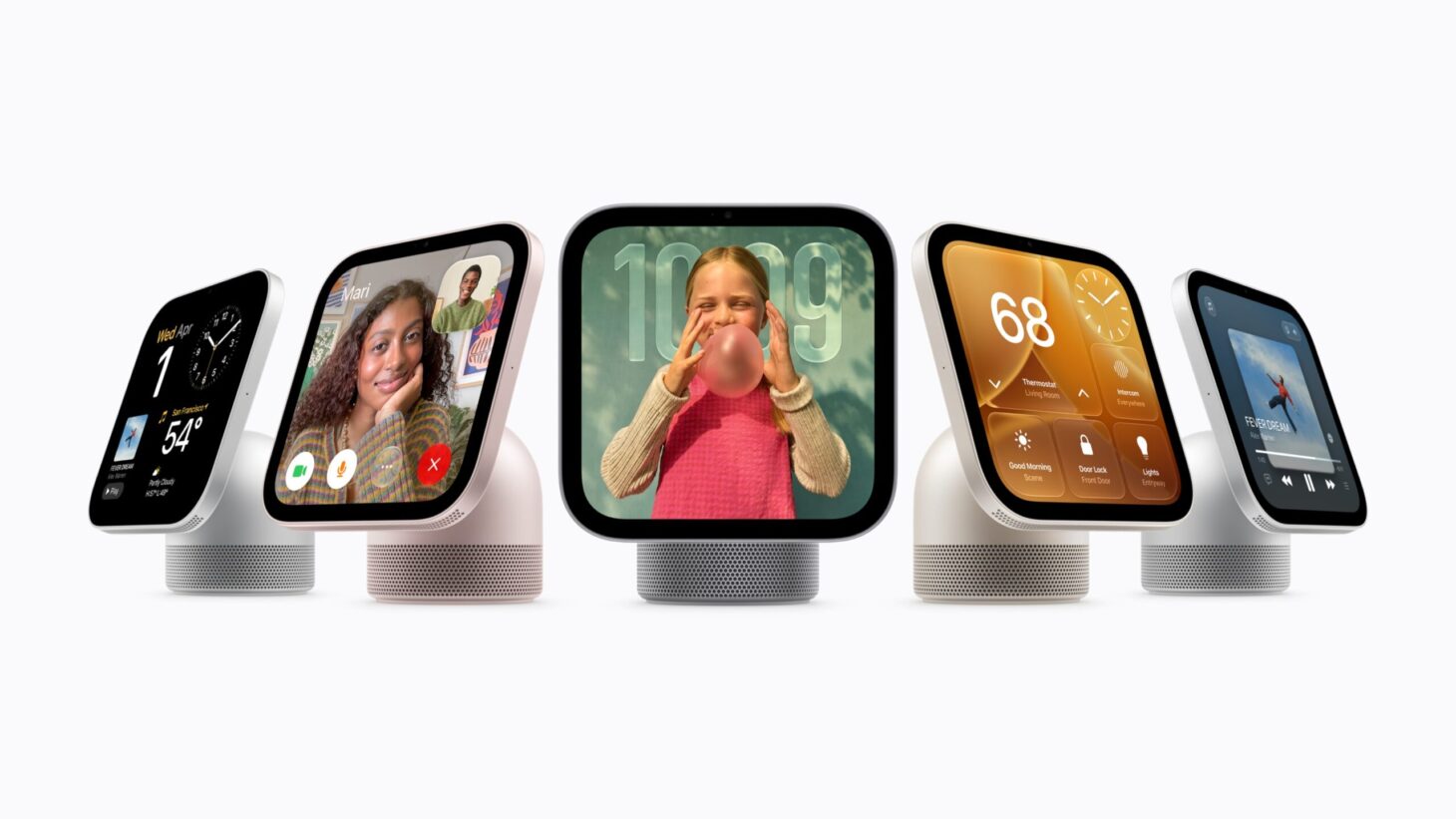 テーブルに置くタイプのApple HomeView。7インチの画面がドーム型のスピーカーの上に付いている