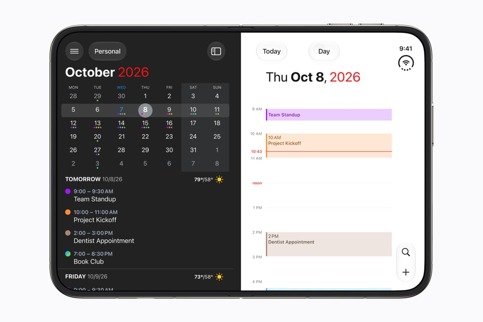 平らに開いたiPhone Duoでカレンダーアプリ Fantasticalを表示しているところ