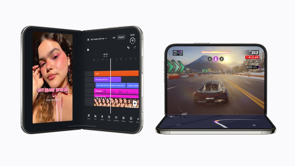 途中まで折ったiPhone Duo 2台。左はInstagramのEditsアプリ、右はゲームのAsphalt Legendsを表示している